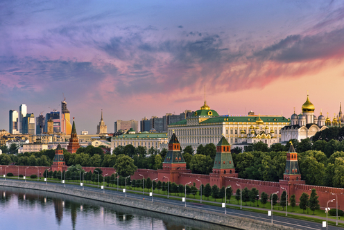Kremlin wall and Moskva river on sunrise